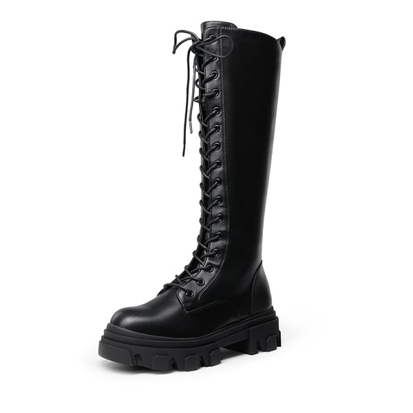 Lace Up Knee High Boots - BLACK PU -  0